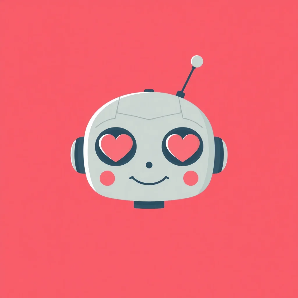 AI 生成的扁平设计应用图标 - 带爱心眼睛的可爱机器人头，适用于科技应用
